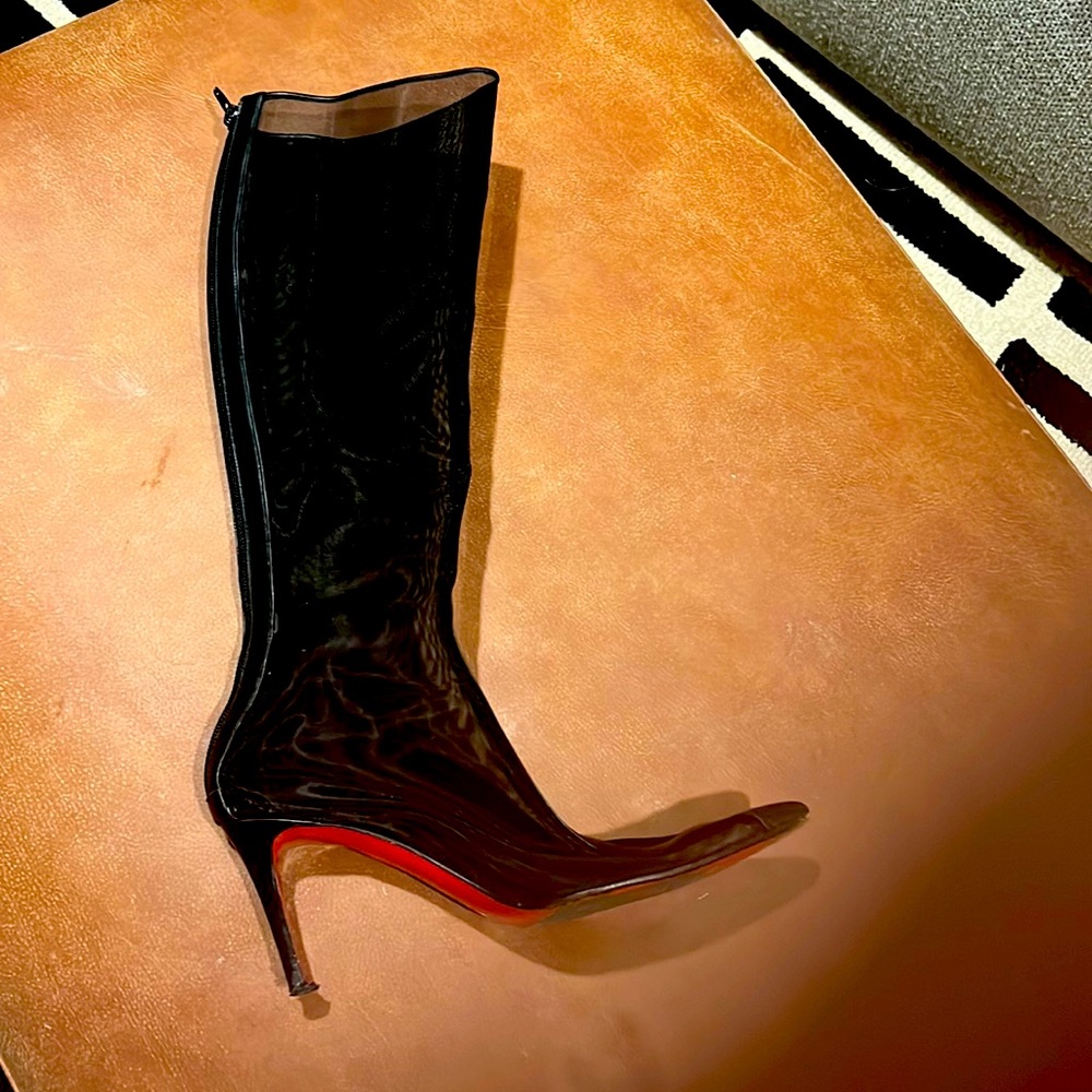 COPY - Christian Louboutin black mesh knee high boots with back zipper.